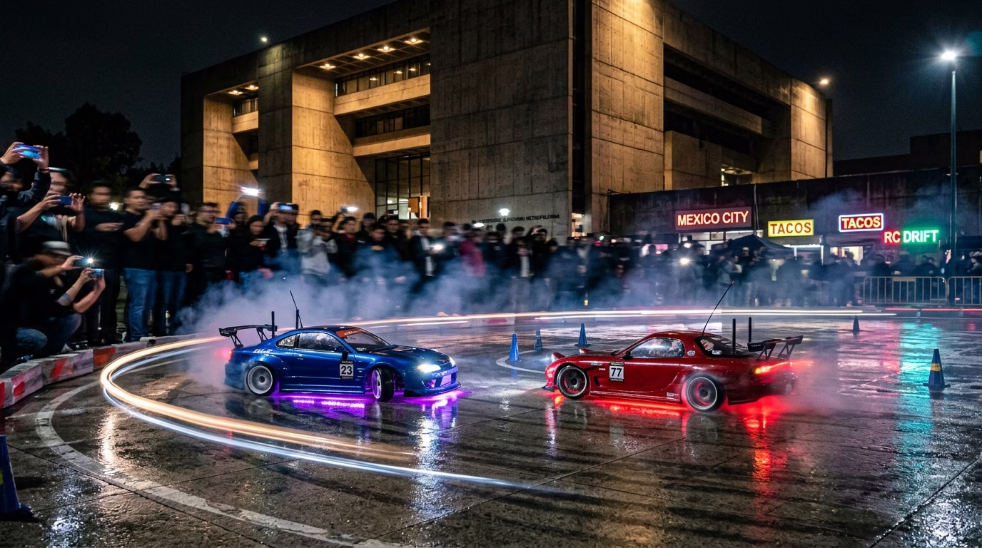 Auto deportivo en pista de drift RC — velocidad y precisión