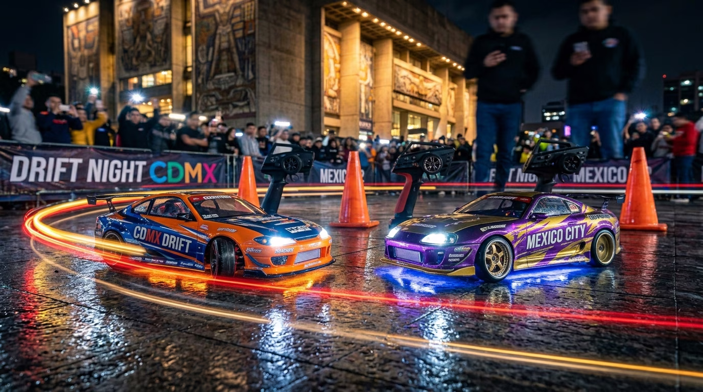 Carro RC drift — vista lateral en movimiento